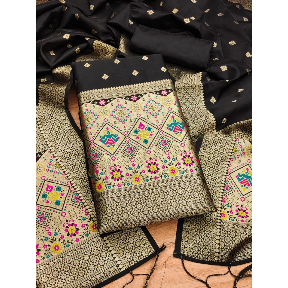 Black Banarasi Silk Unstitched Salwar Suit Material with Dupatta