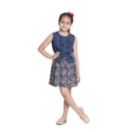 Generic Girl's Denim-Rayon Floral Printed Sleeveless Round Neck Dress (Navy Blue)