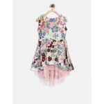 Generic Girl's Polyester Crepe Printed Short Sleeve Round Neck Dress (Multicolor)