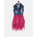 Generic Girl's Polyester Crepe-Net Solid Shoulder Straps Shirt collar Dress (Blue-Pink)