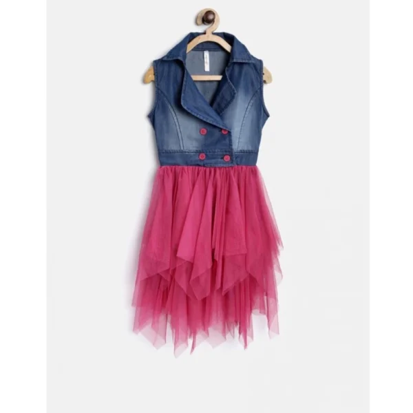 Generic Girl's Polyester Crepe-Net Solid Shoulder Straps Shirt collar Dress (Blue-Pink)