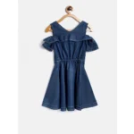 Generic Girl's Denim Floral Printed Bell Sleeve Halter Neck Dress (Blue) - Image 4