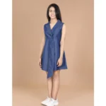 Generic Girl's Denim Solid Sleeveless Shirt collar Dress (Blue) - Image 3
