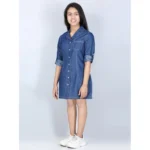 Generic Girl's Denim Solid Long Sleeve Shirt collar Dress (Blue) - Image 3
