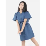 Generic Girl's Denim Solid Short Sleeve V-Neck Dress (Blue) - Image 3