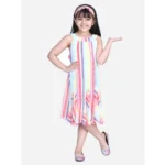 Generic Girl's Polyester Crepe Striped Sleeveless Round Neck Dress (Multicolor)