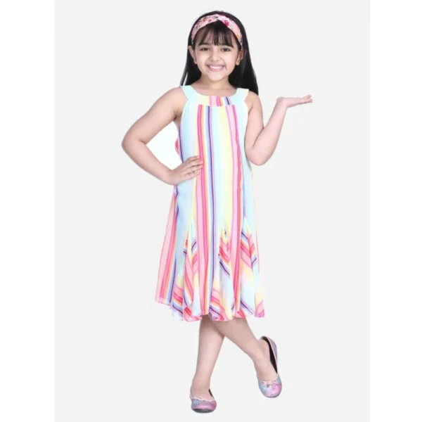 Generic Girl's Polyester Crepe Striped Sleeveless Round Neck Dress (Multicolor)