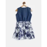 Generic Girl's Denim-Polyester Crepe Solid Sleeveless Round Neck Dress (Blue-White) - Image 4