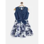 Generic Girl's Denim-Polyester Crepe Solid Sleeveless Round Neck Dress (Blue-White)