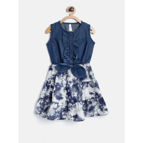 Generic Girl's Denim-Polyester Crepe Solid Sleeveless Round Neck Dress (Blue-White)