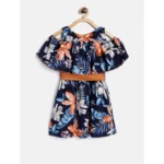 Generic Girl's Polyester Crepe Floral Printed Bell Sleeve Cold Shoulder Neck Dress (Multicolor) - Image 4