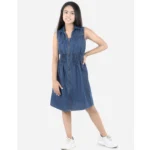 Generic Girl's Denim Solid Sleeveless Shirt collar Dress (Blue)