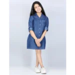 Generic Girl's Denim Solid Long Sleeve Shirt collar Dress (Blue)