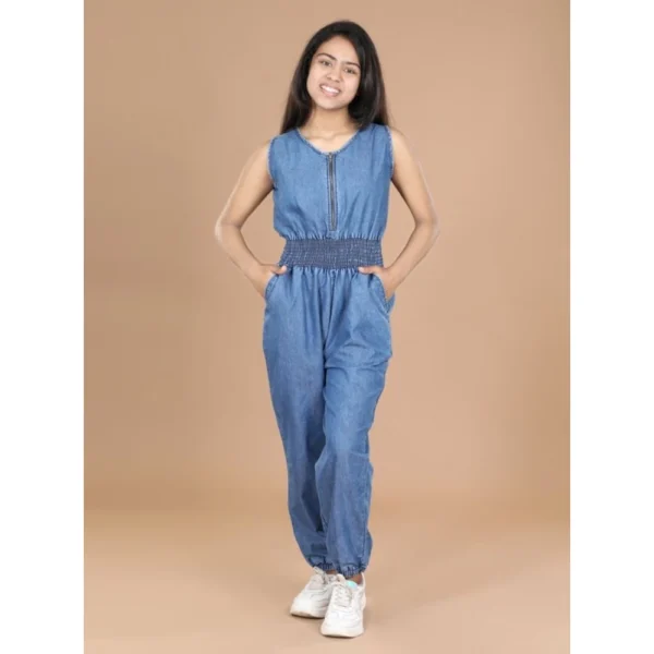 Generic Girl's Denim Solid Shoulder Straps V-Neck Dress (Blue)