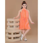 Generic Girl's Polyester Crepe Printed Sleeveless Round Neck Dress (Orange) - Image 3