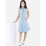 Generic Girl's Denim Solid Sleeveless Shirt collar Dress (Blue) - Image 3