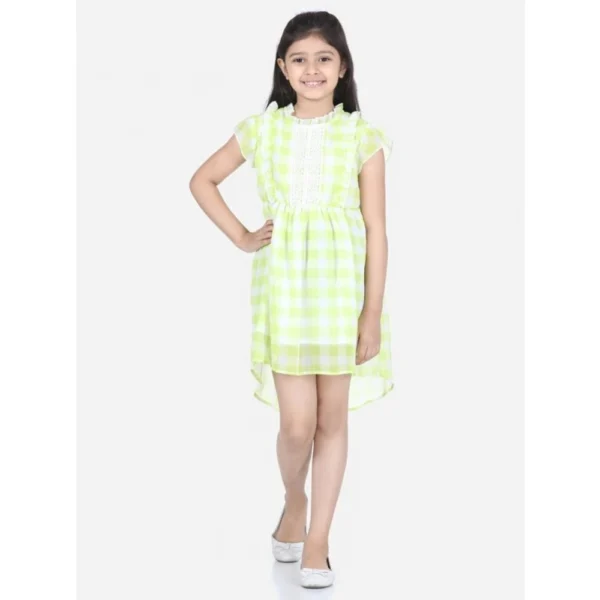 Generic Girl's Polyester Chiffon Solid Short Sleeve Round Neck Dress (Lime Green)