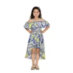 Generic Girl's Polyester Moss Printed Off Shoulder Straps Dress (Blue)