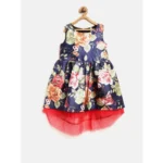 Generic Girl's Polyester  Net Net Inset Sleeveless Round Neck Dress (Navy Blue)