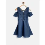 Generic Girl's Denim Floral Printed Bell Sleeve Halter Neck Dress (Blue)