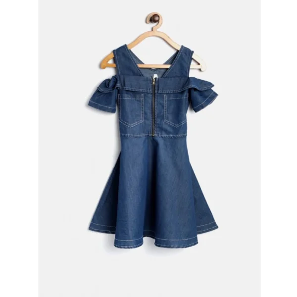 Generic Girl's Denim Floral Printed Bell Sleeve Halter Neck Dress (Blue)