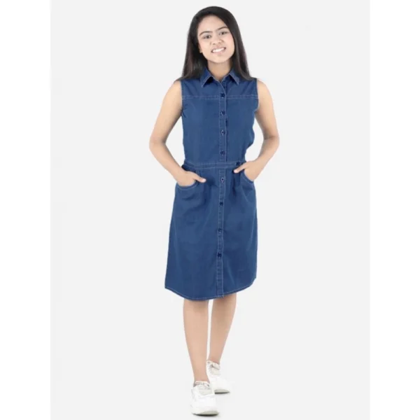 Generic Girl's Denim Solid Sleeveless Shirt collar Dress (Blue)