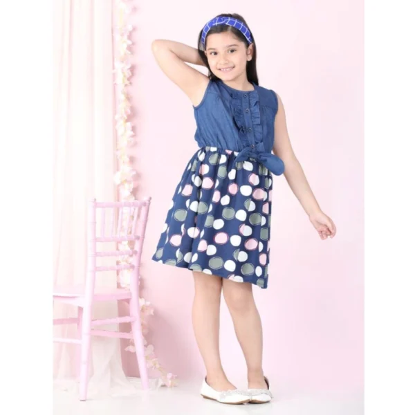 Generic Girl's Denim  Rayon Printed Sleeveless Round Neck Dress (Blue)