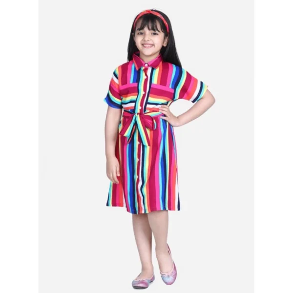 Generic Girl's Polyester Crepe Striped Short Sleeve Shirt collar Dress (Multicolor)