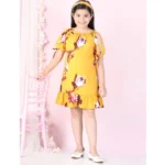 Generic Girl's Polyester Crepe Floral Printed Slit Sleeve Round Neck Dress (Yellow-Red) - Image 4