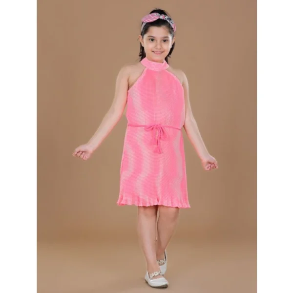 Generic Girl's Polyester Crepe Printed Sleeveless Round Neck Dress (Pink)