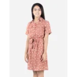 Generic Girl's Polyester Printed Short Sleeve Shirt collar Dress (Brown)
