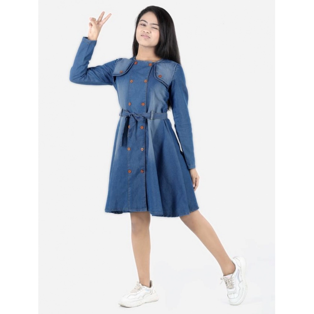 Blue Denim Long Sleeve Dress for Girls