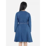 Generic Girl's Denim Solid Long Sleeve Round Neck Dress (Blue) - Image 4
