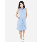 Generic Girl's Denim Solid Sleeveless Shirt collar Dress (Blue)