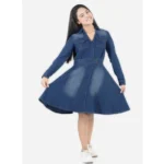 Generic Girl's Denim Solid Long Sleeve Shirt collar Dress (Blue)