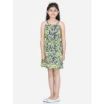 Generic Girl's Polyester Floral Printed Short Sleeve Round Neck Dress (Blue-Yellow)