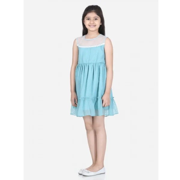 Generic Girl's Polyester Dobby Floral Printed Sleeveless Round Neck Dress (Blue)