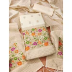 White Banarasi Silk Unstitched Salwar Suit Material with Dupatta