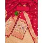Generic Women's Banarasi Silk Printed Unstitched Salwar Suit Material With Dupatta (Red, 3Mtrs) - Image 4