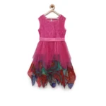 Generic Girl's Polyester  Net Floral Printed Sleeveless Round Neck Dress (Multicolor)