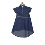 Generic Girl's Denim Solid Short Sleeve Shirt collar Dress (Blue)