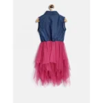 Generic Girl's Polyester Crepe-Net Solid Shoulder Straps Shirt collar Dress (Blue-Pink) - Image 4