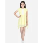 Generic Girl's Polyester Solid Short Sleeve Round Neck Dress (Lemon Yellow)