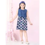 Generic Girl's Denim  Rayon Printed Sleeveless Round Neck Dress (Blue) - Image 4