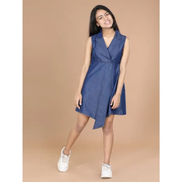 Generic Girl's Denim Solid Sleeveless Shirt collar Dress (Blue)