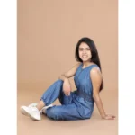 Generic Girl's Denim Solid Shoulder Straps V-Neck Dress (Blue) - Image 4