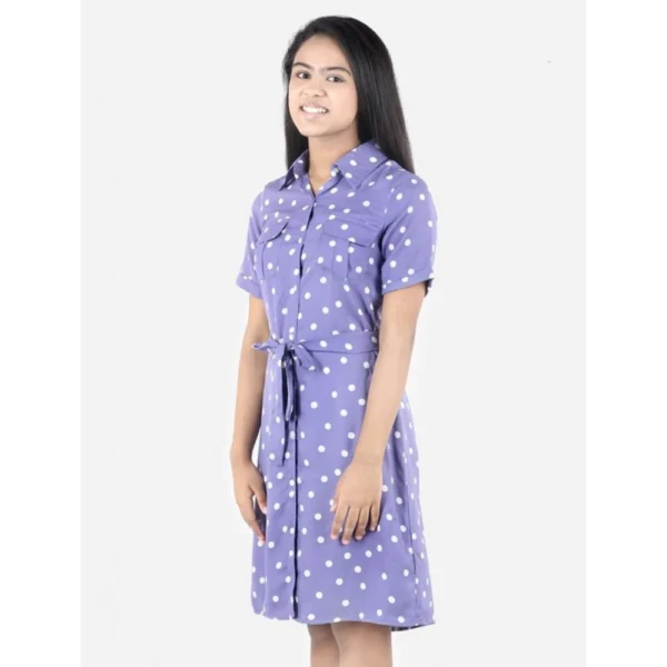 Generic Girl's Polyester Printed Short Sleeve Shirt collar Dress (Lavender)