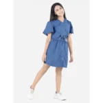 Generic Girl's Denim Solid Short Sleeve V-Neck Dress (Blue)