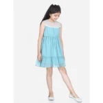 Generic Girl's Polyester Dobby Floral Printed Sleeveless Round Neck Dress (Blue) - Image 3