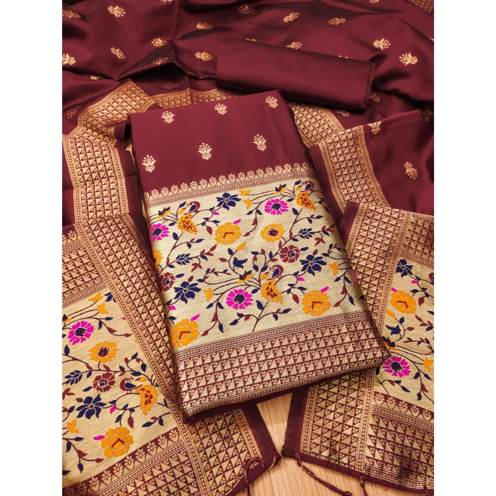 Maroon Banarasi Silk Unstitched Salwar Suit Material with Dupatta